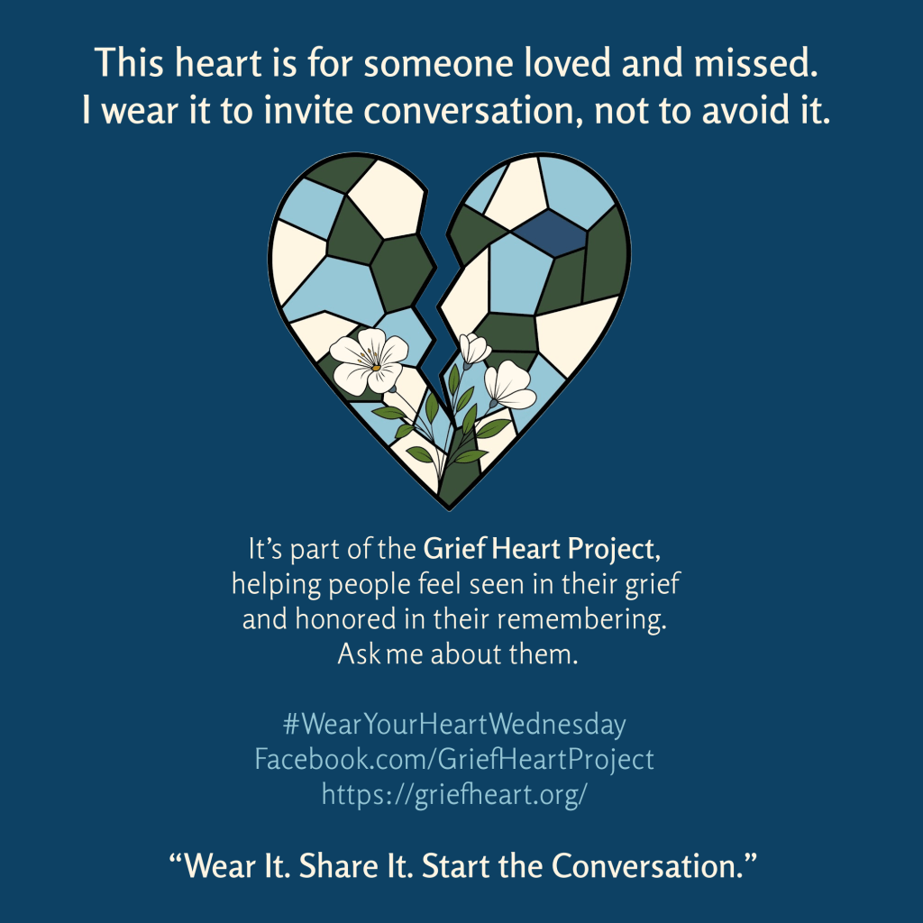 Square graphic with the classic blue-green cracked heart on a Navy background; text explains the symbol and invites conversation.