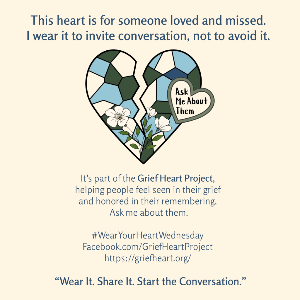 Square graphic on a cream background featuring the blue-green cracked heart with white flowers and an “Ask Me About Them” badge; text welcomes people to say a name.
