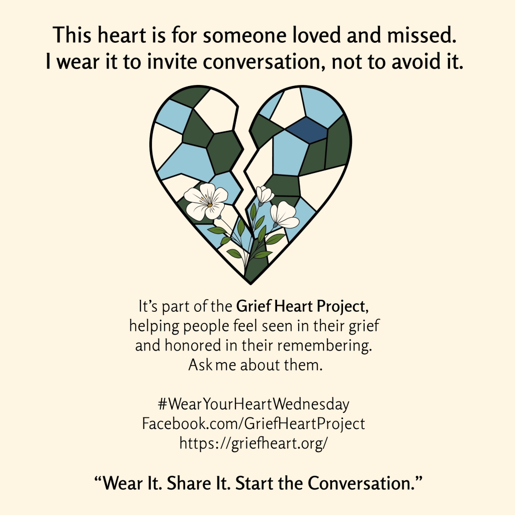 Square graphic with the classic blue-green cracked heart on a warm sand background; text explains the symbol and invites conversation.