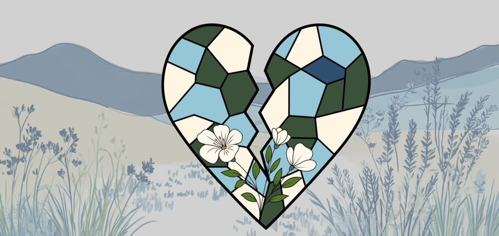 Grief Heart symbol—cracked heart with small flowers at the seam.